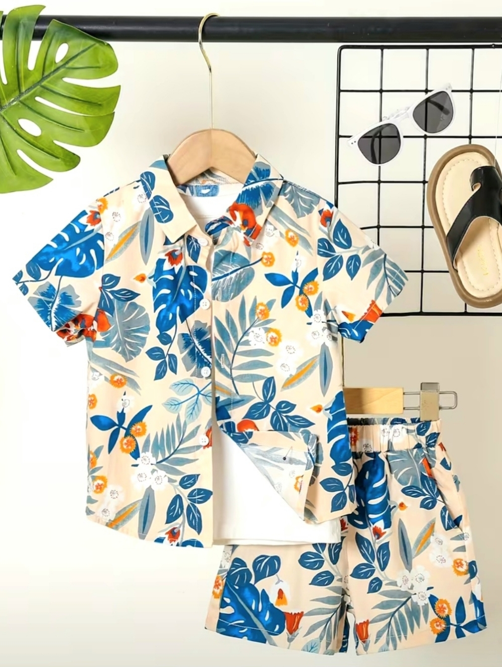 Tropical Leaf Print Kids Shirt & Shorts Set - Blue & Cream